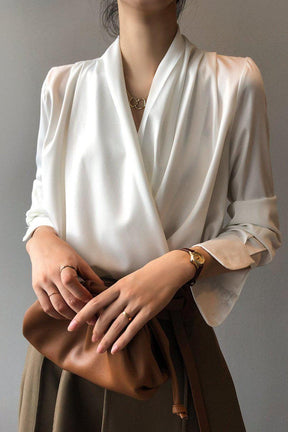 Acetate Satin V-Neck Blouse- White-Fascinating_Nights