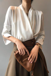 Acetate Satin V-Neck Blouse- White-Fascinating_Nights