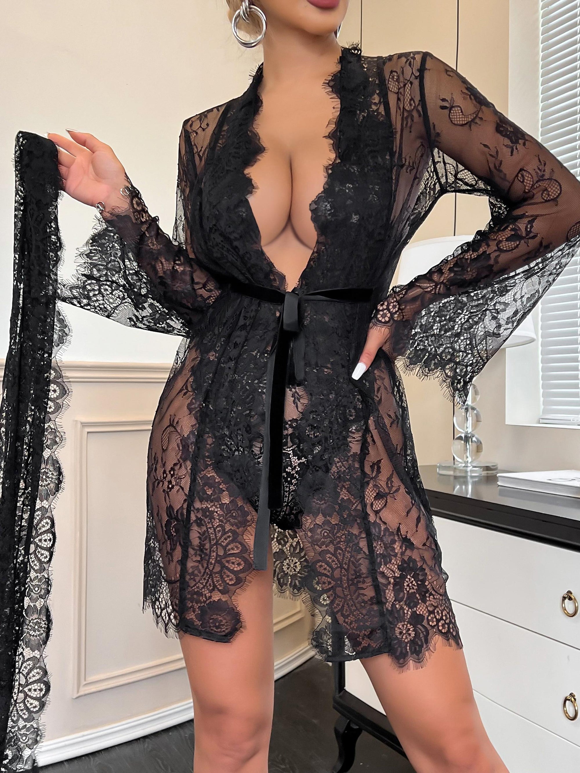 Signature Lace Robe - Black-Fascinating_Nights